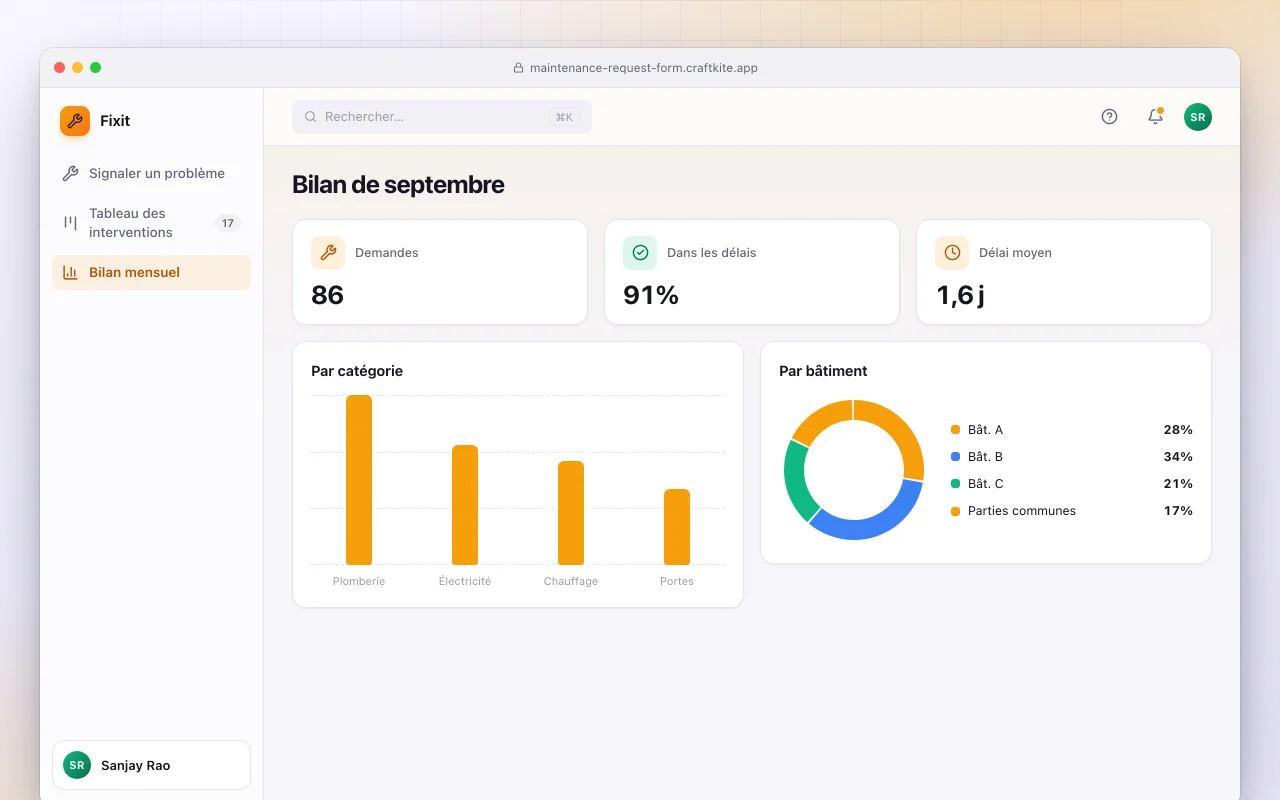 Formulaire de demande de maintenance : l’écran Bilan de septembre