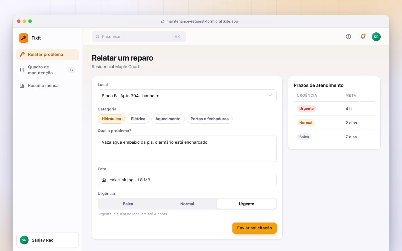 Formulário de pedido de manutenção: a tela Relatar um reparo