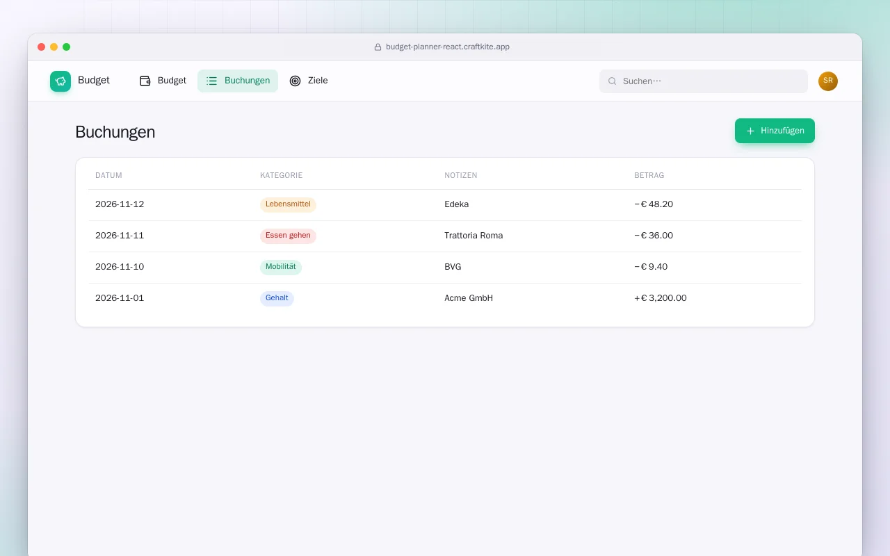 Budgetplaner (React): der Bildschirm „Buchungen“