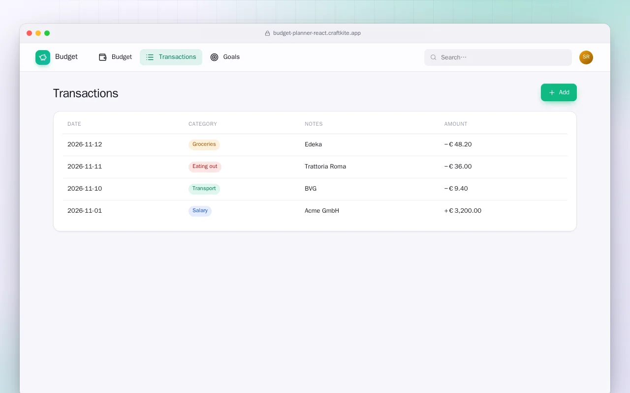 Budget Planner (React): the Transactions screen
