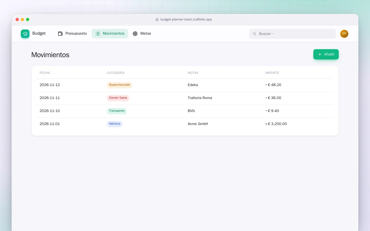 Planificador de presupuesto (React): la pantalla Movimientos