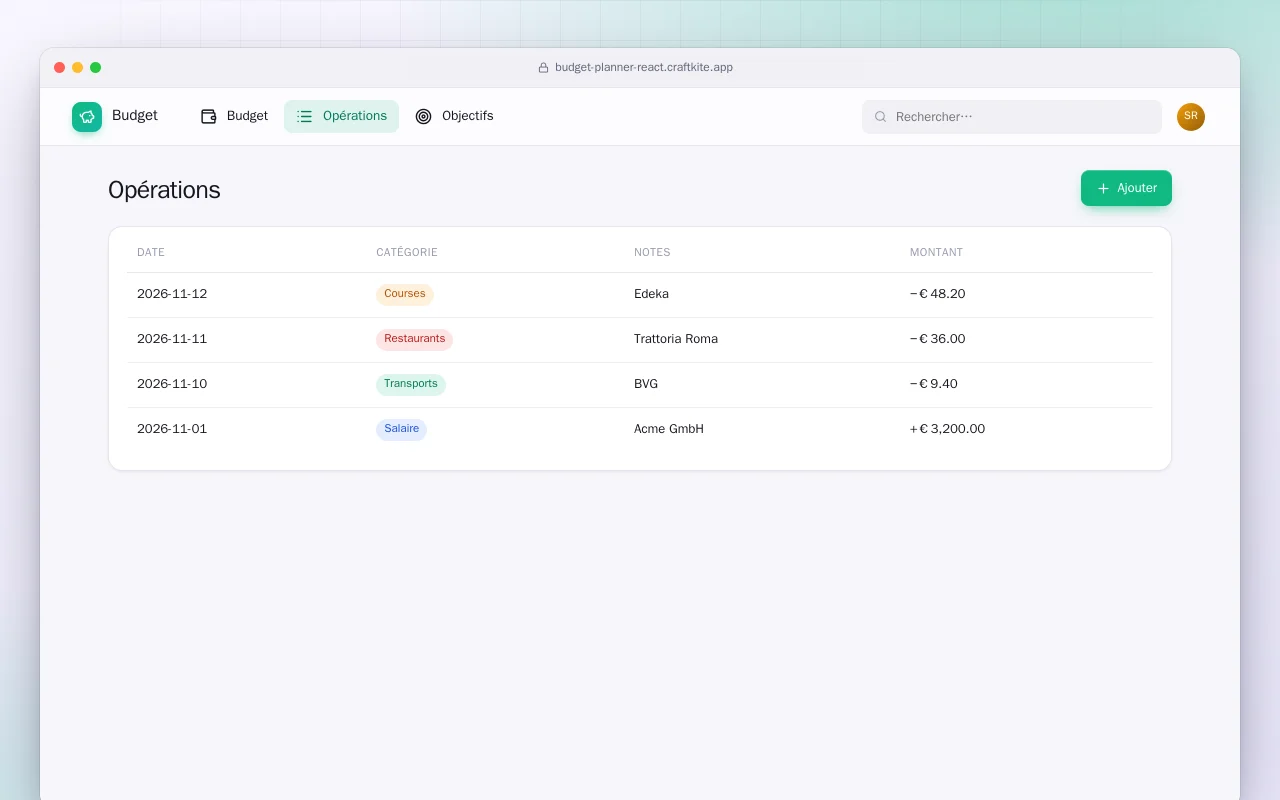Planificateur de budget (React) : l’écran Opérations
