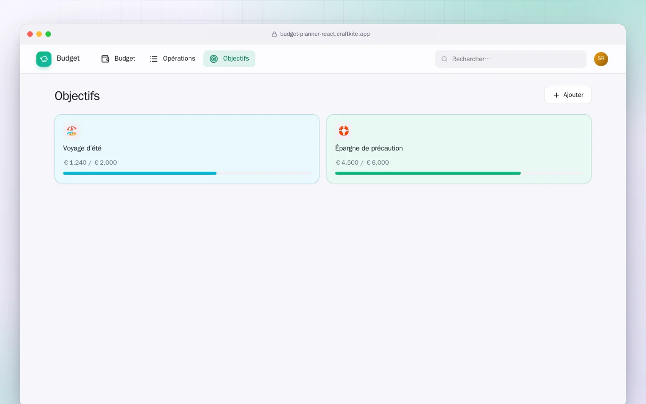 Planificateur de budget (React) : l’écran Objectifs