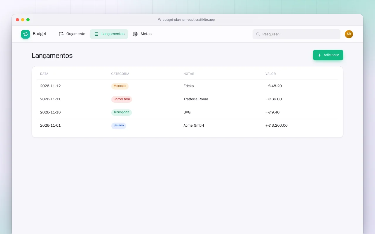 Planejador de orçamento (React): a tela Lançamentos