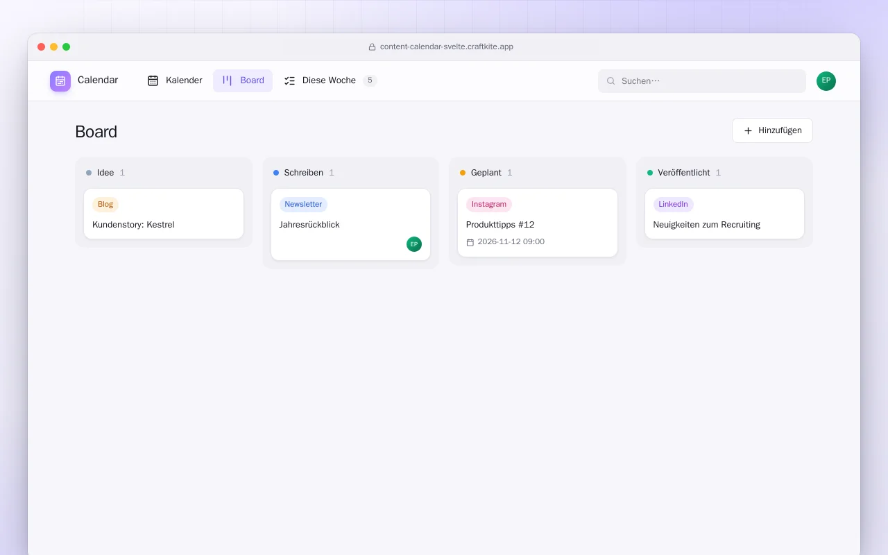 Content-Kalender (SvelteKit): der Bildschirm „Board“