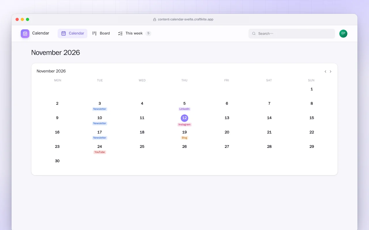 Content Calendar (SvelteKit): the November 2026 screen