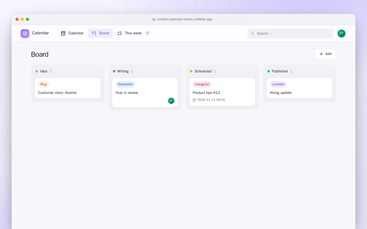 Content Calendar (SvelteKit): the Board screen