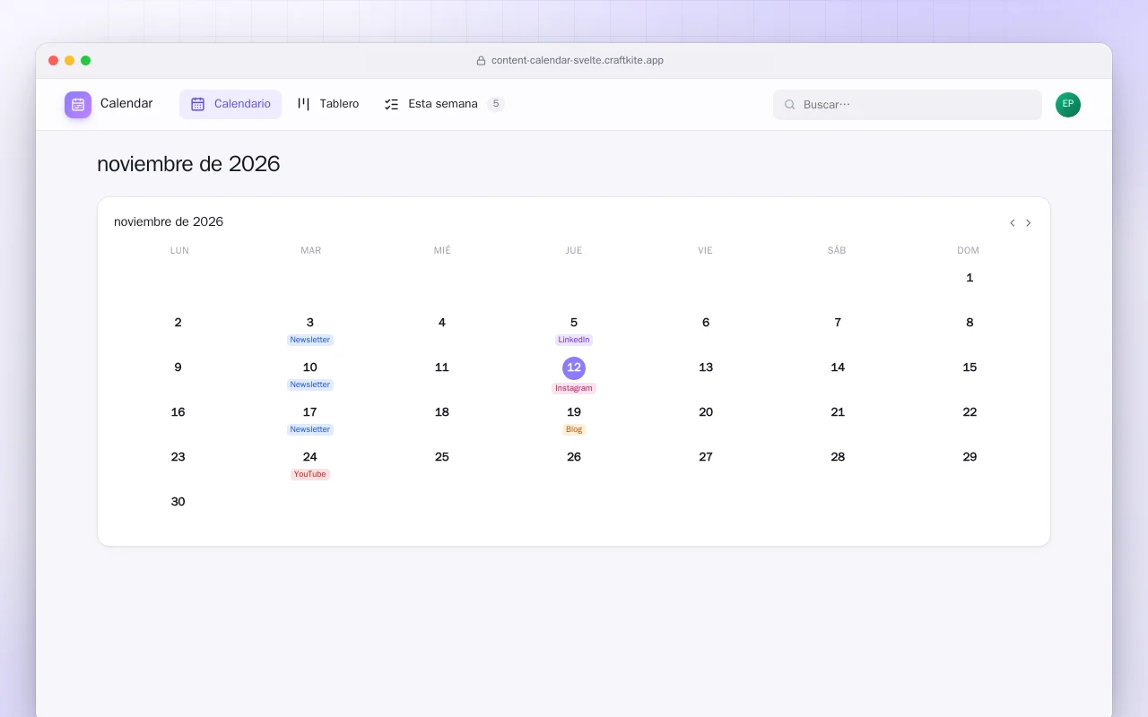 Calendario de contenidos (SvelteKit): la pantalla noviembre de 2026