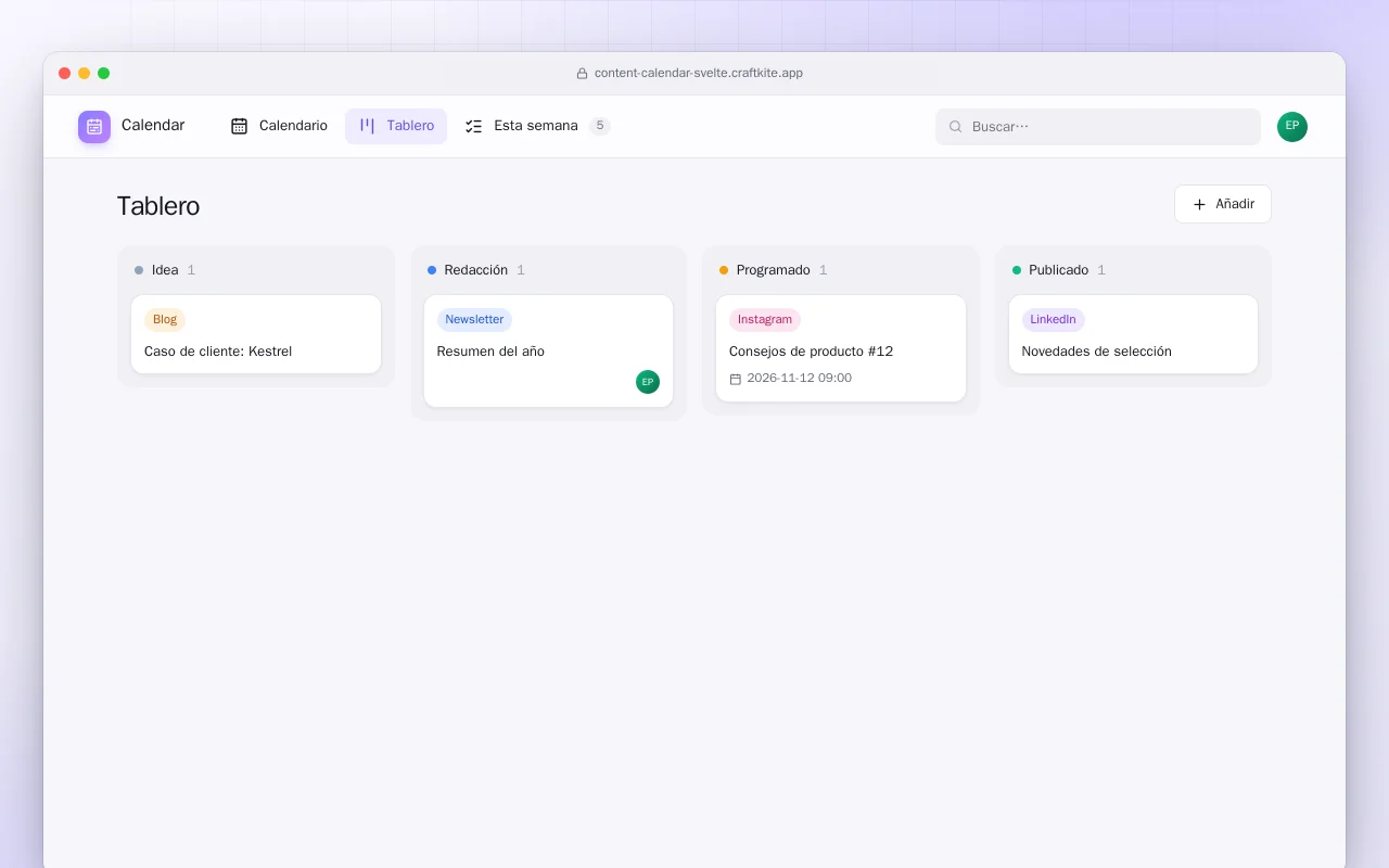 Calendario de contenidos (SvelteKit): la pantalla Tablero