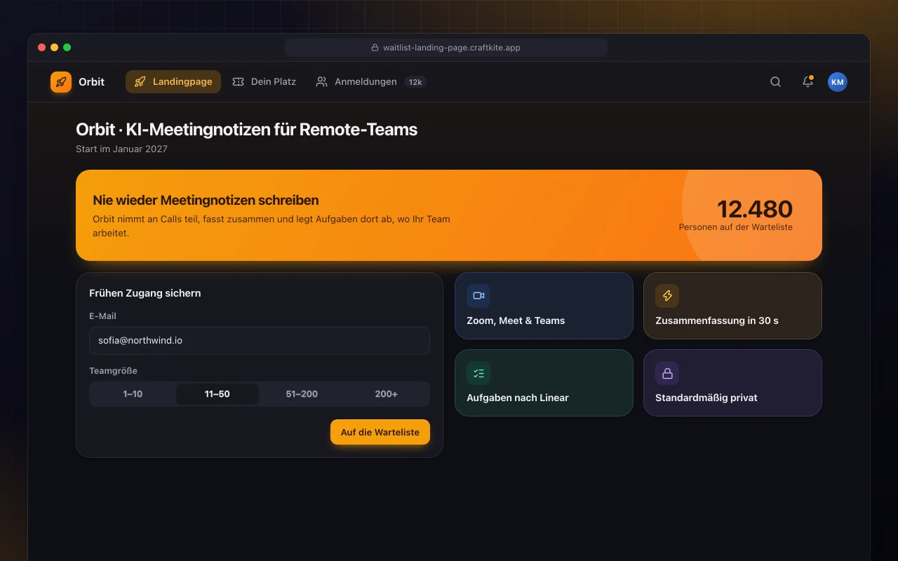 Wartelisten-Landingpage: der Bildschirm „Orbit · KI-Meetingnotizen für Remote-Teams“