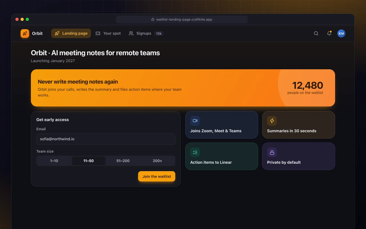 Waitlist landing page: the Orbit · AI meeting notes for remote teams screen