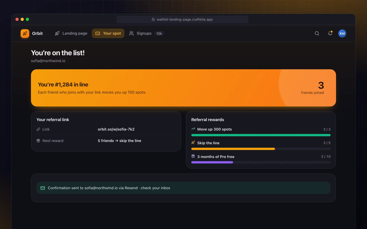 Waitlist landing page: the You’re on the list! screen
