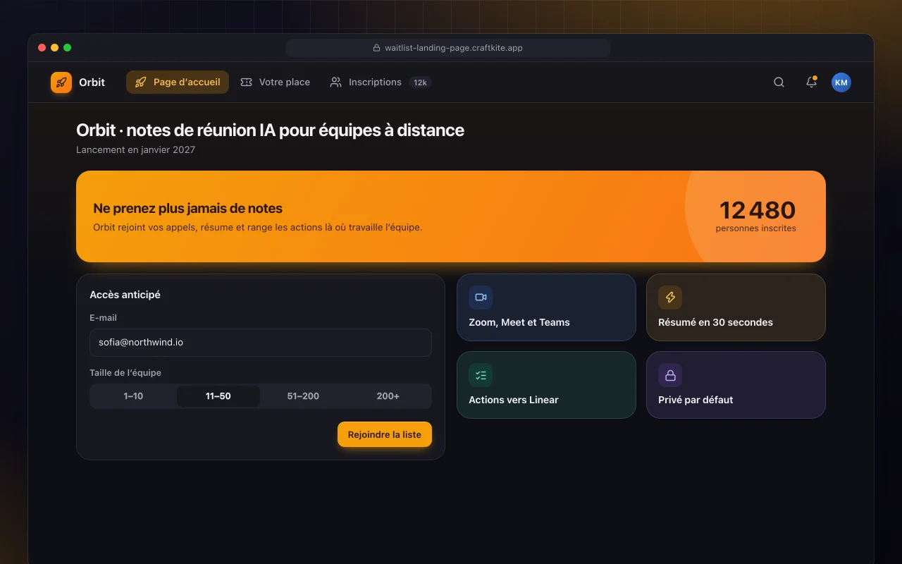 Page d’attente de lancement : l’écran Orbit · notes de réunion IA pour équipes à distance