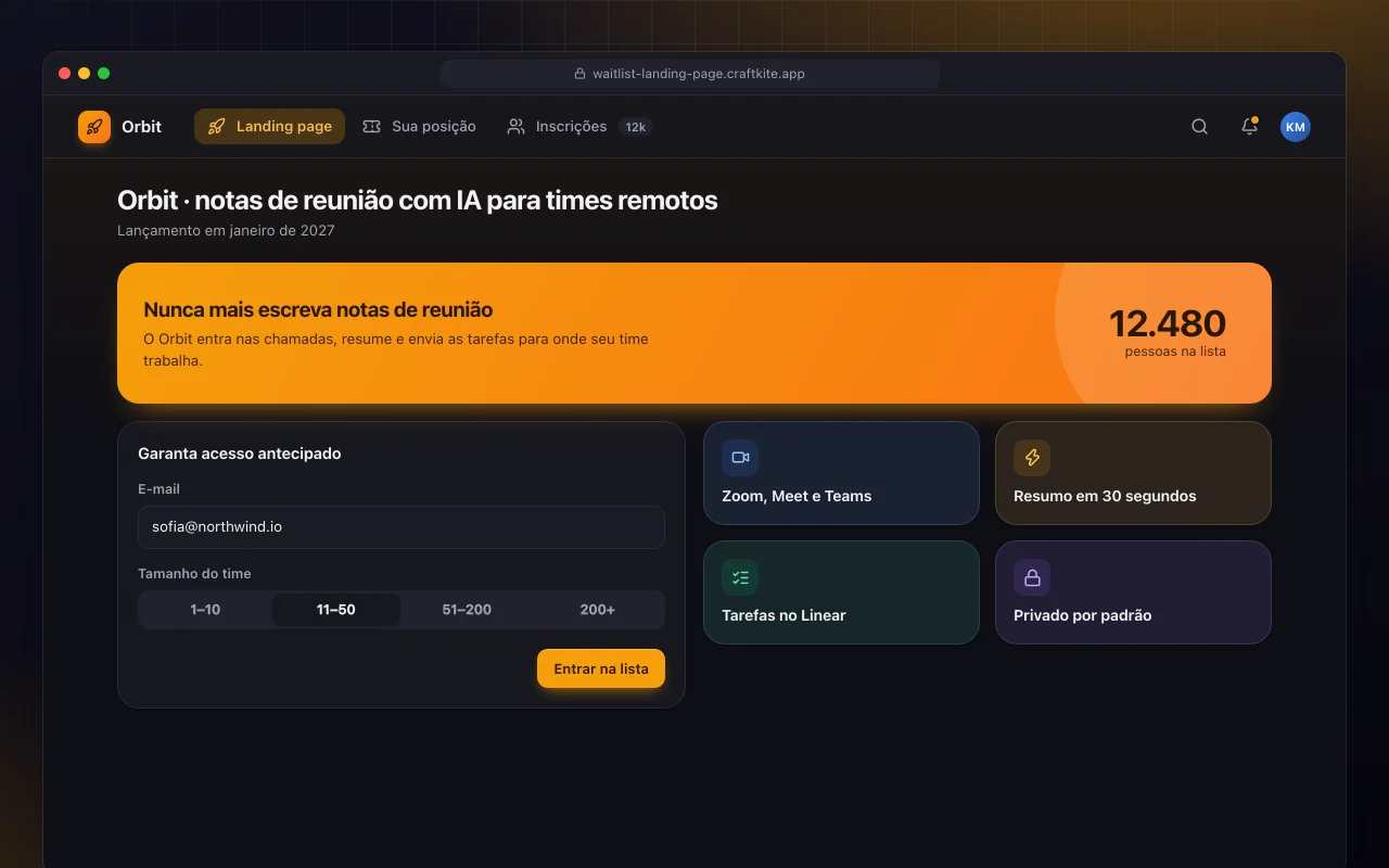 Landing page de lista de espera: a tela Orbit · notas de reunião com IA para times remotos