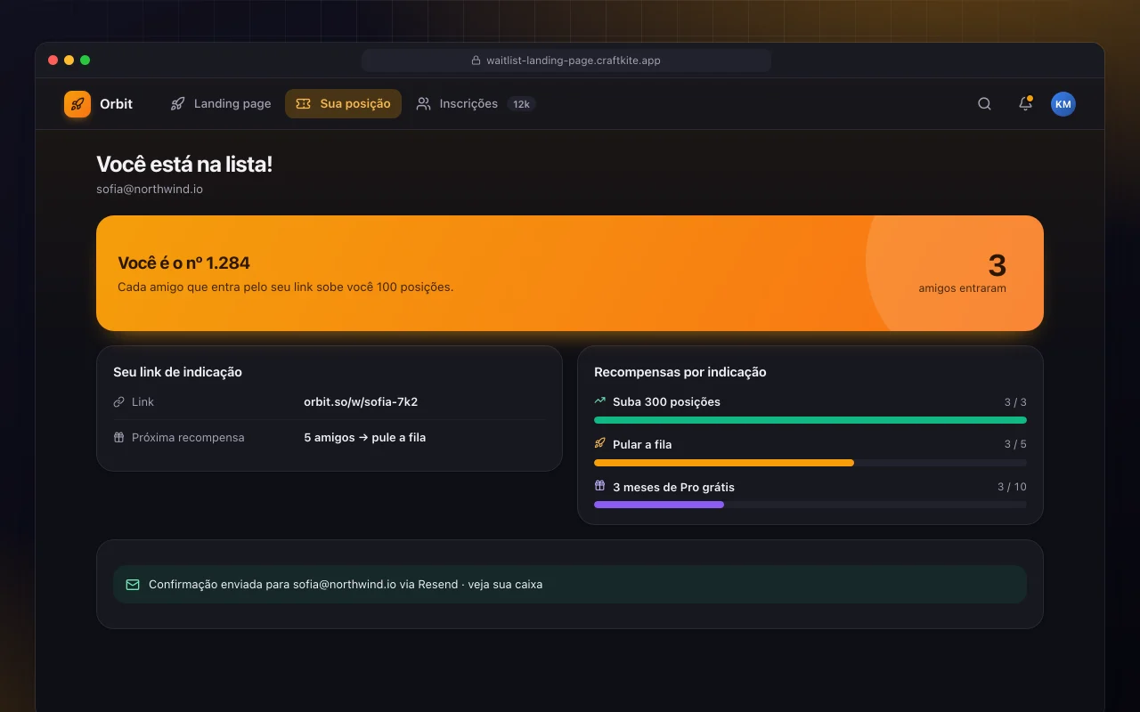 Landing page de lista de espera: a tela Você está na lista!