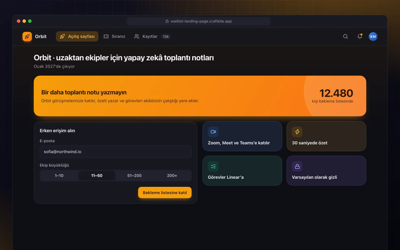 Bekleme listesi açılış sayfası: Orbit · uzaktan ekipler için yapay zekâ toplantı notları ekranı