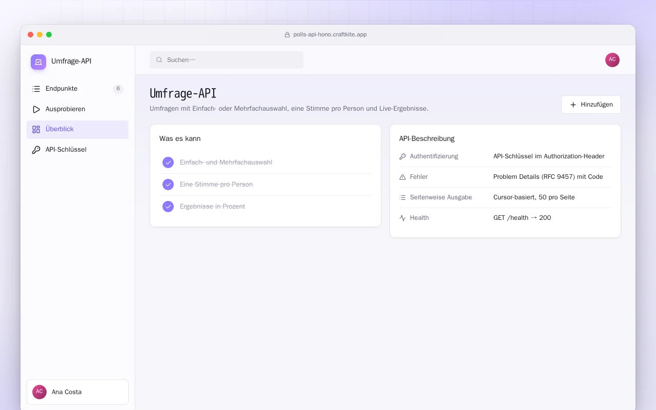 Umfrage-API: der Bildschirm „Umfrage-API“