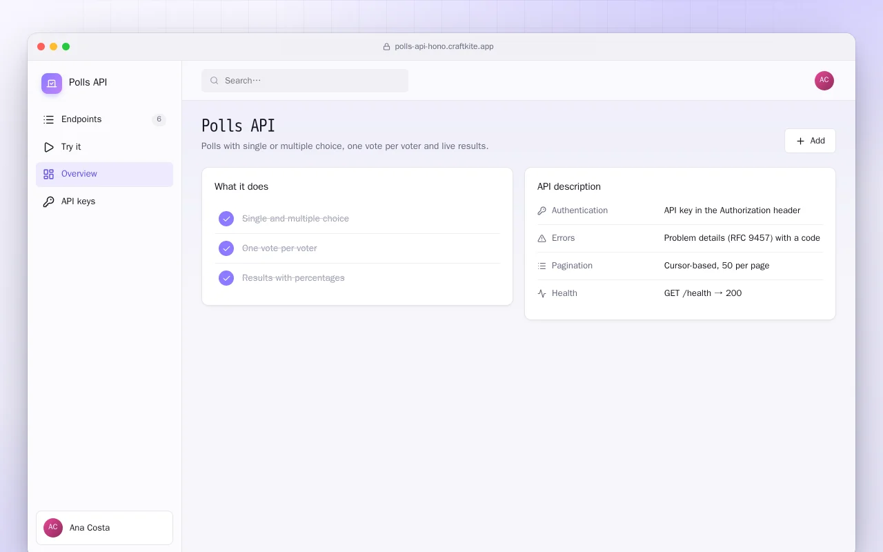 Polls API: the Polls API screen