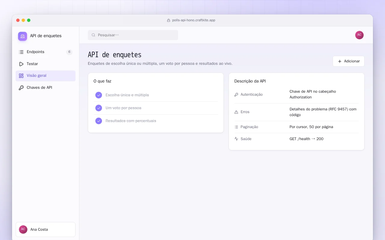 API de enquetes: a tela API de enquetes