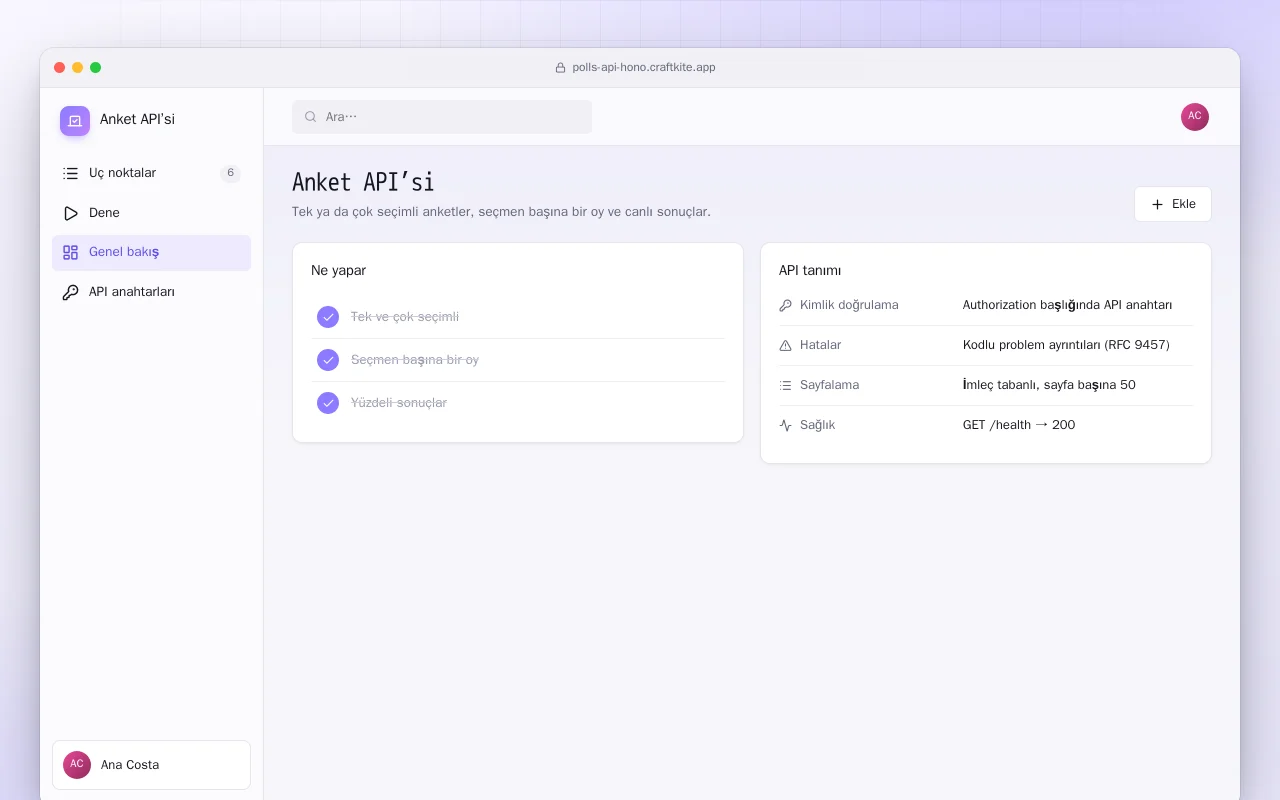 Anket API’si: Anket API’si ekranı