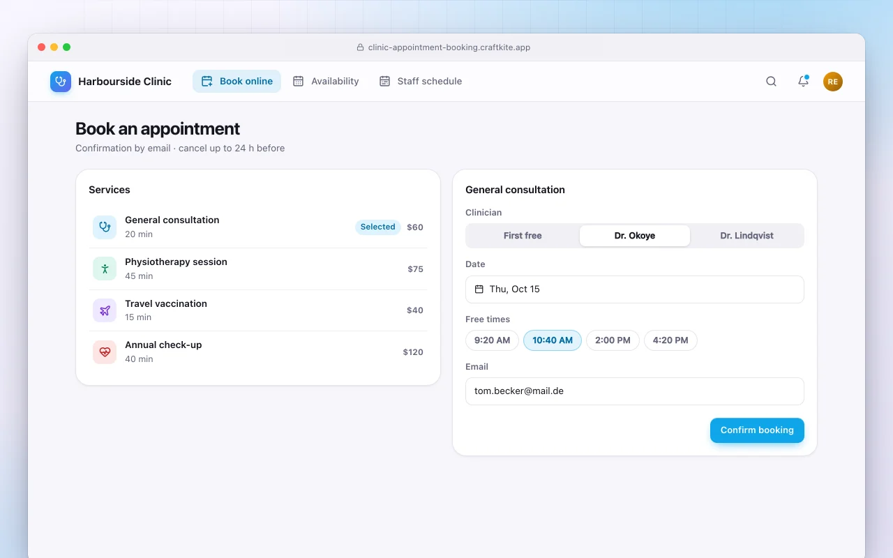 Clinic appointment booking: the Book an appointment screen