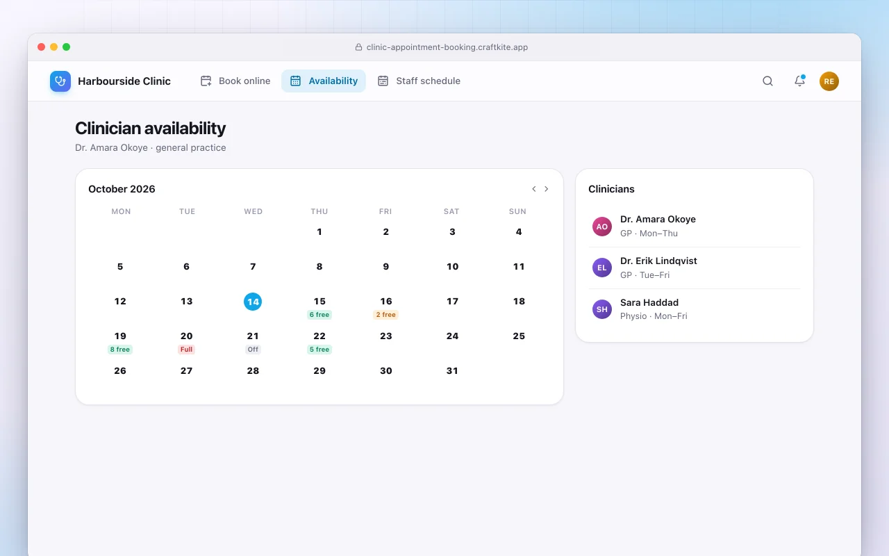 Clinic appointment booking: the Clinician availability screen