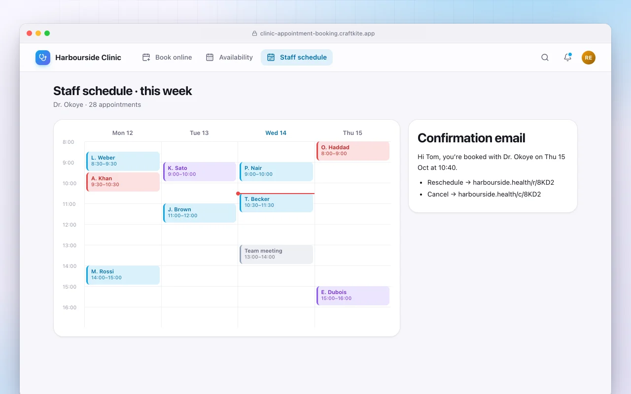 Clinic appointment booking: the Staff schedule · this week screen