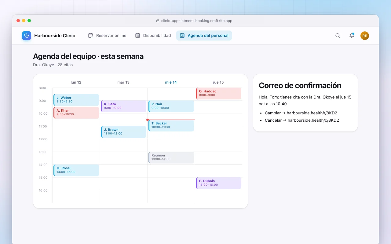 Reserva de citas para clínicas: la pantalla Agenda del equipo · esta semana