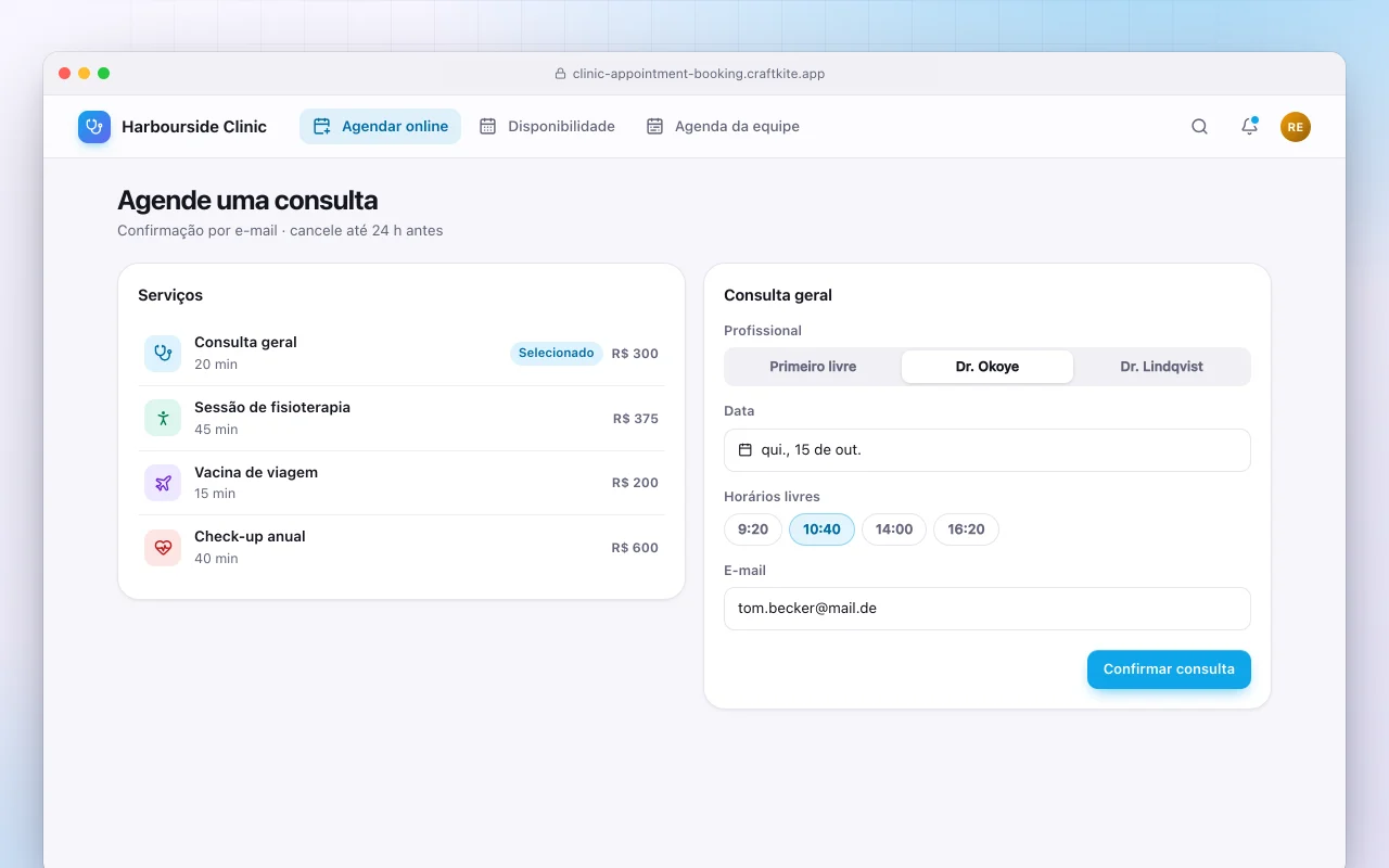 Agendamento de consultas em clínica: a tela Agende uma consulta