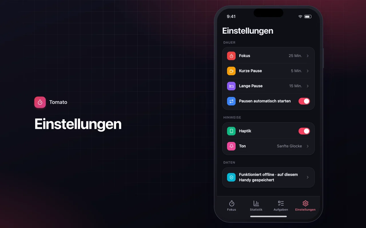 Pomodoro-Fokus-Timer: der Bildschirm „Einstellungen“
