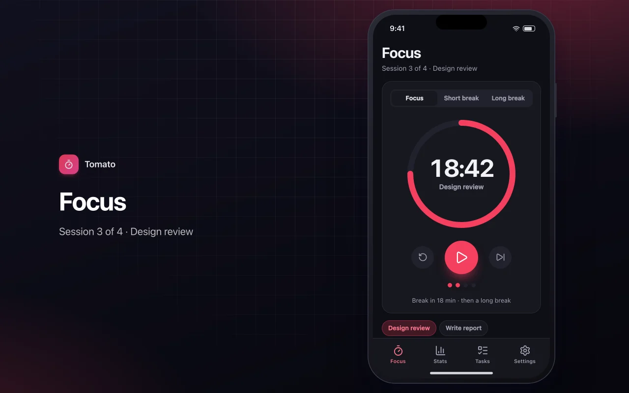 Screen of Pomodoro focus timer