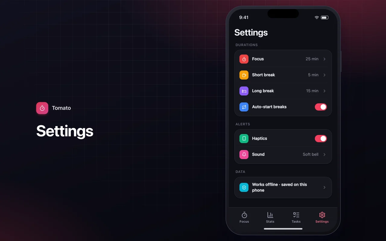 Pomodoro focus timer: the Settings screen