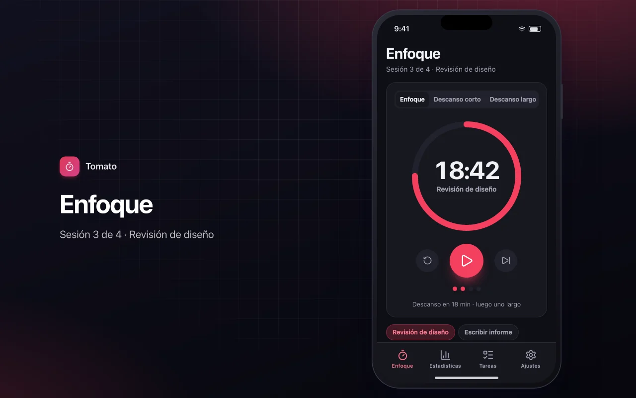 Pantalla de Temporizador Pomodoro de enfoque