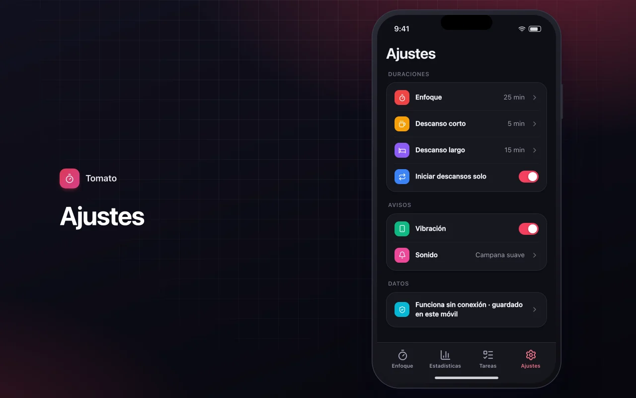 Temporizador Pomodoro de enfoque: la pantalla Ajustes