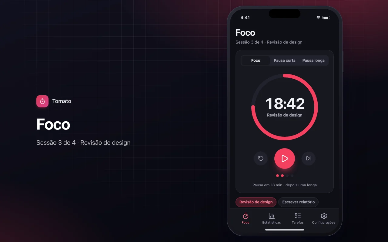 Tela de Timer Pomodoro de foco