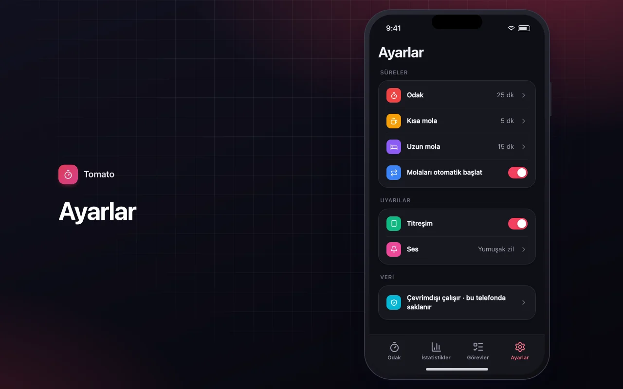 Pomodoro odak zamanlayıcısı: Ayarlar ekranı