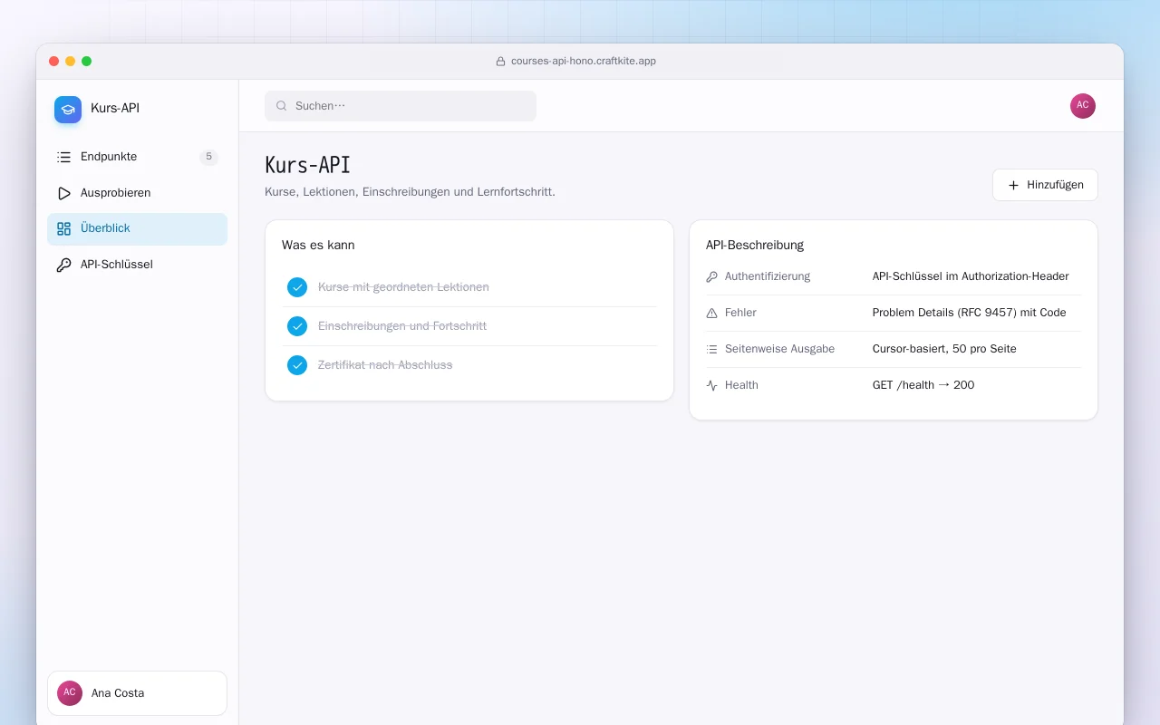 Kurs-API: der Bildschirm „Kurs-API“