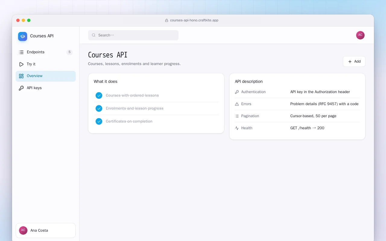 Courses API: the Courses API screen
