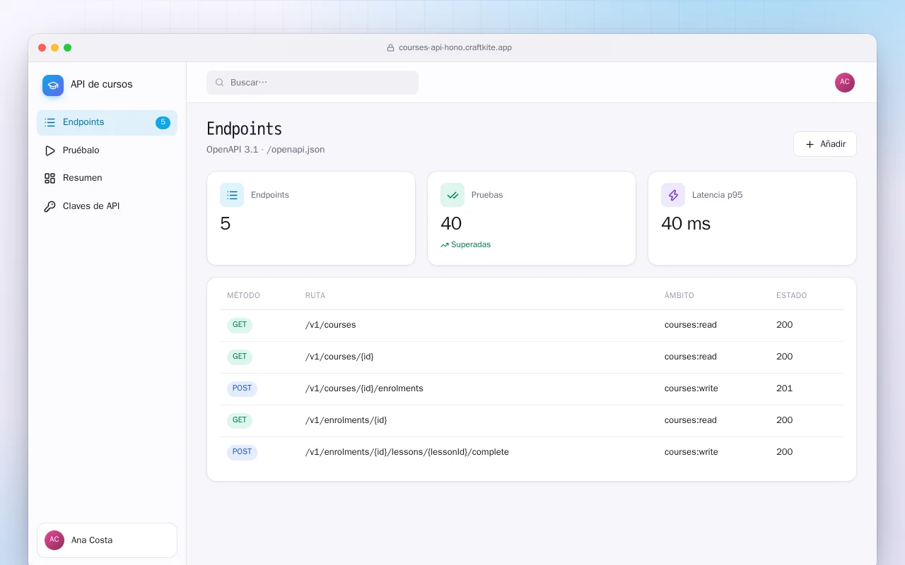 API de cursos: la pantalla Endpoints