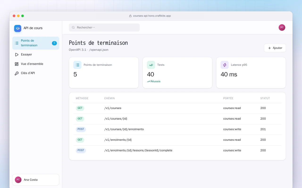 API de cours : l’écran Points de terminaison