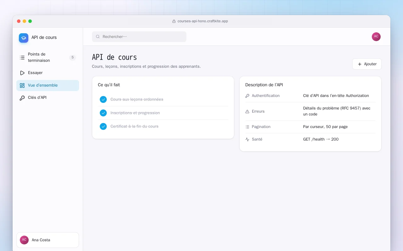 API de cours : l’écran API de cours