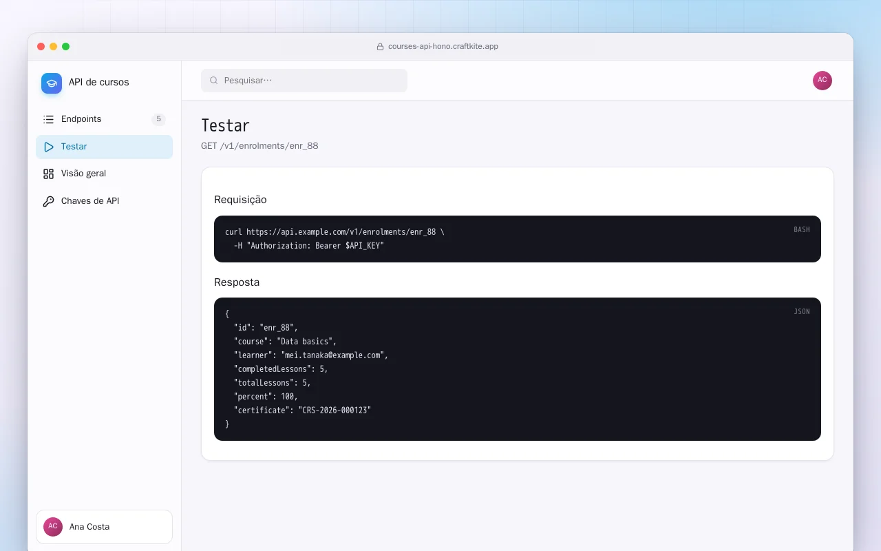 API de cursos: a tela Testar