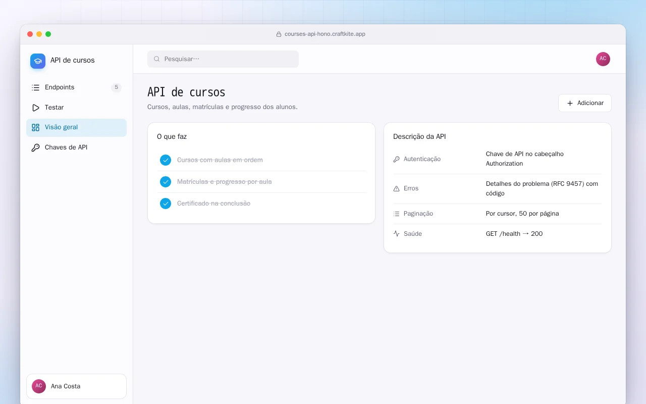 API de cursos: a tela API de cursos