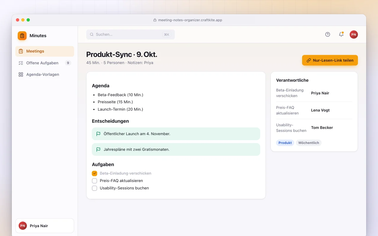 Besprechungsnotizen-Organizer: der Bildschirm „Produkt-Sync · 9. Okt.“