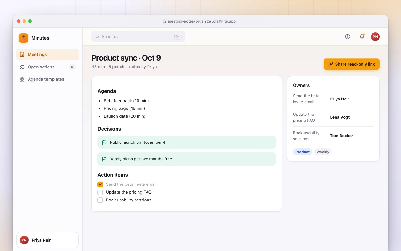 Meeting notes organizer: the Product sync · Oct 9 screen