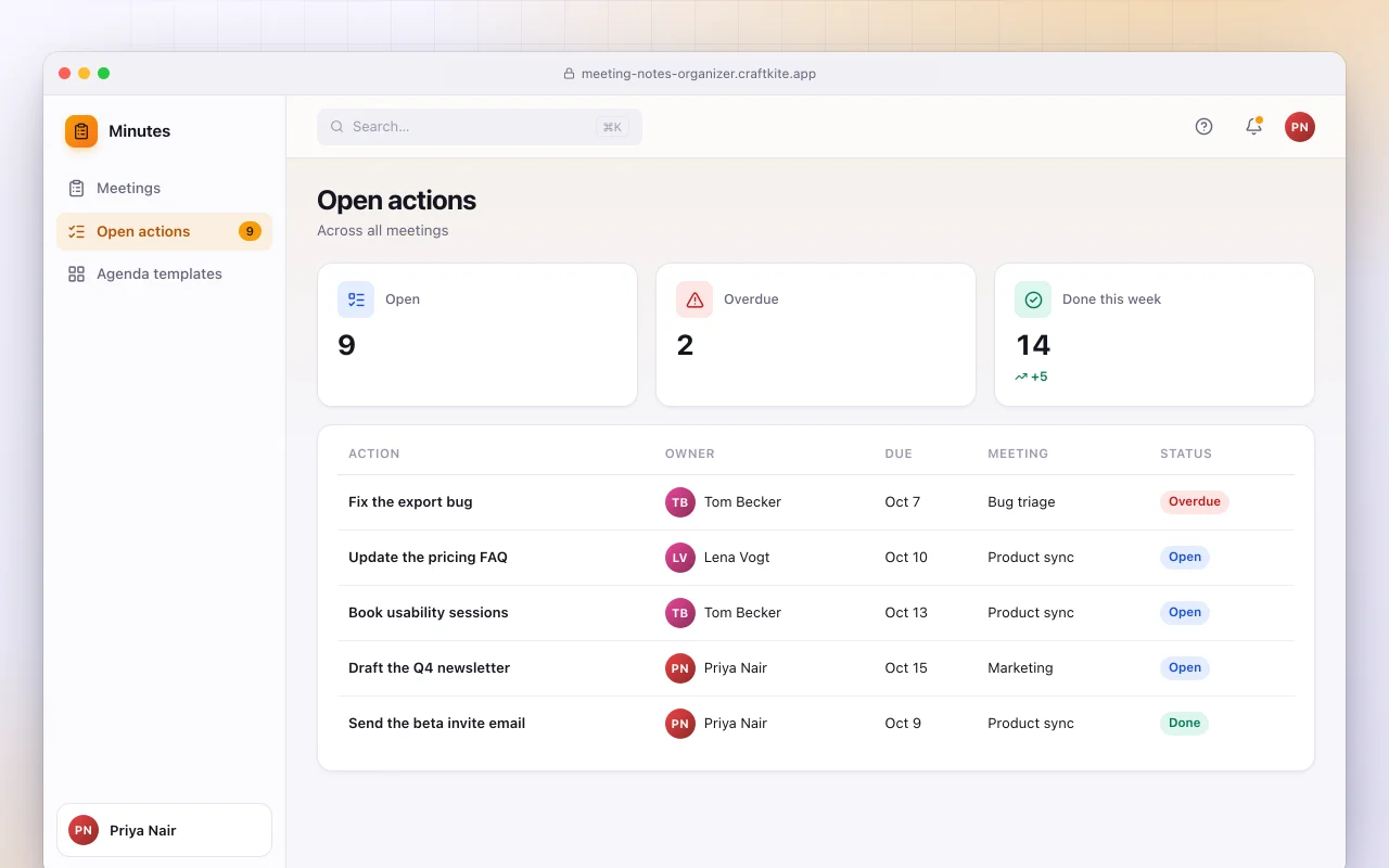 Meeting notes organizer: the Open actions screen