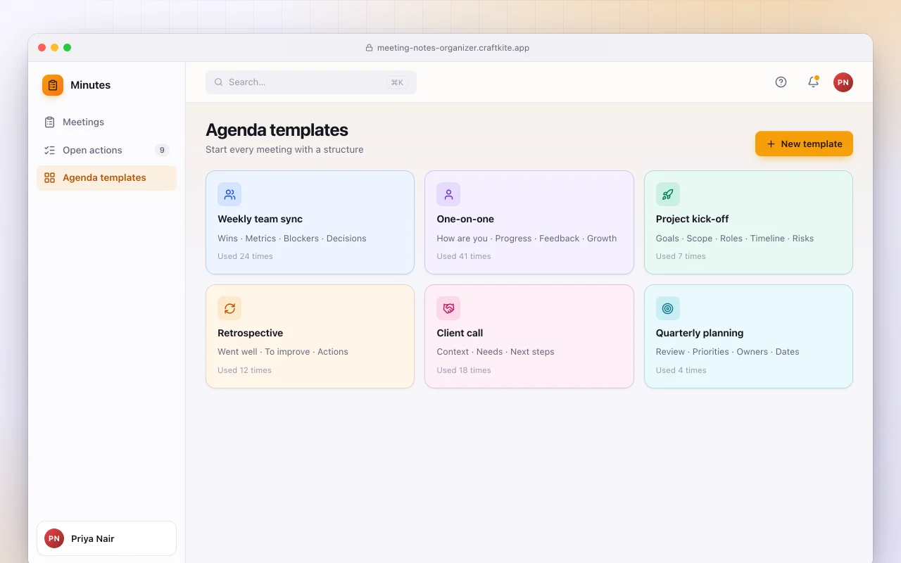Meeting notes organizer: the Agenda templates screen