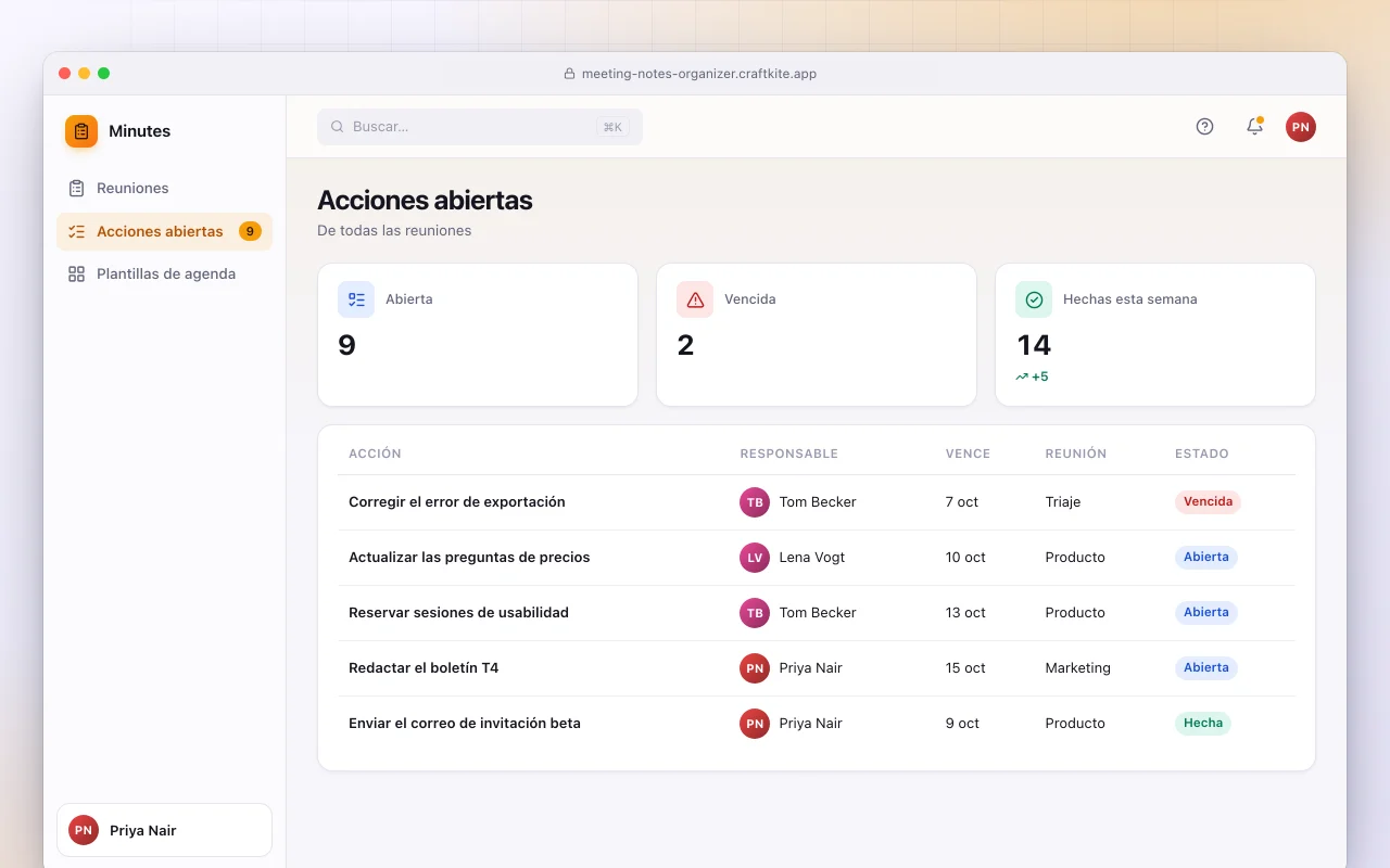 Organizador de notas de reuniones: la pantalla Acciones abiertas