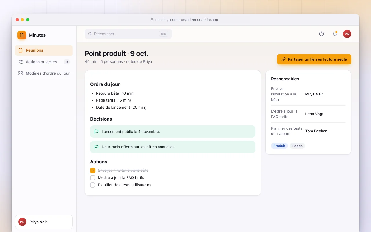 Organiseur de notes de réunion : l’écran Point produit · 9 oct.