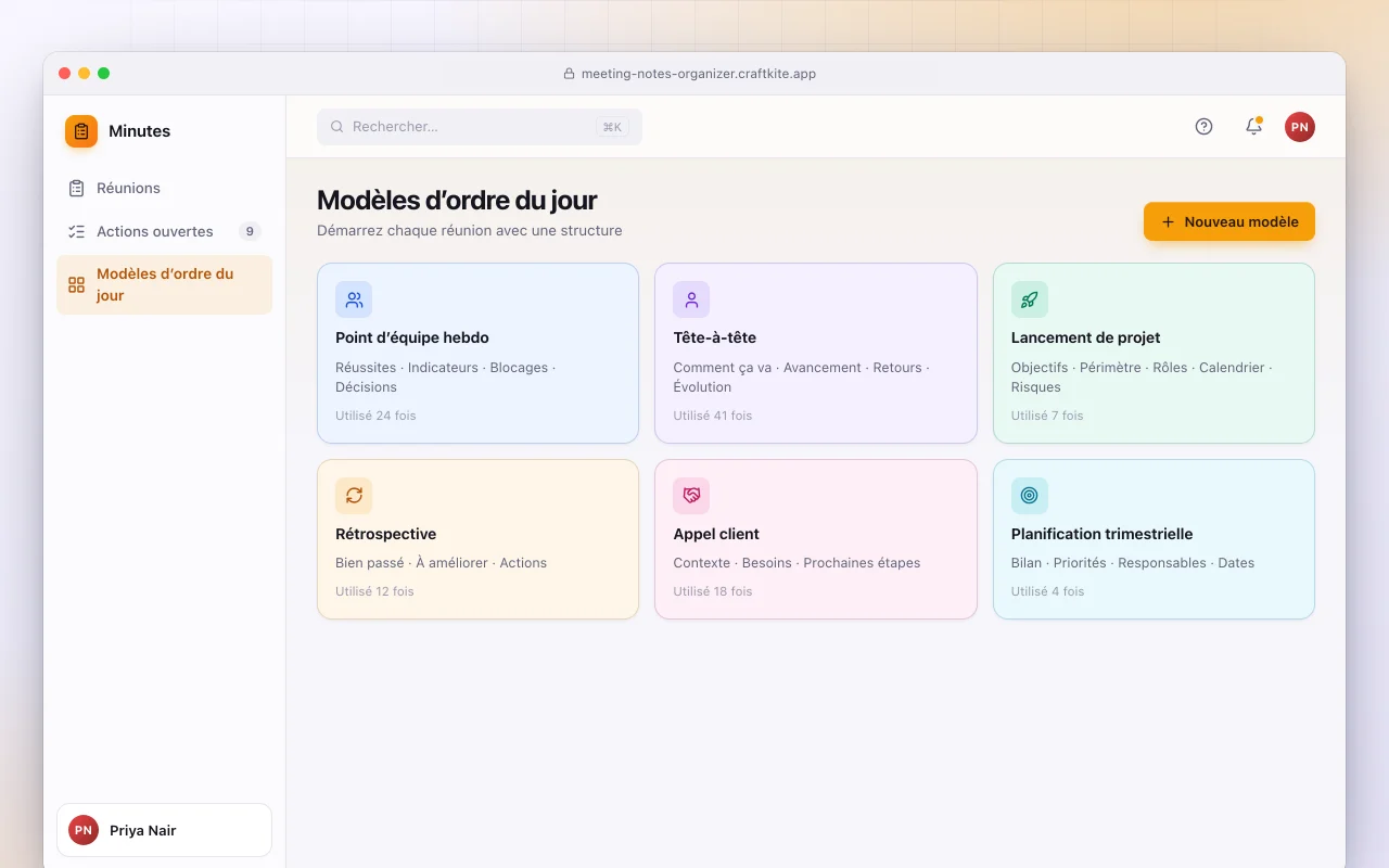 Organiseur de notes de réunion : l’écran Modèles d’ordre du jour